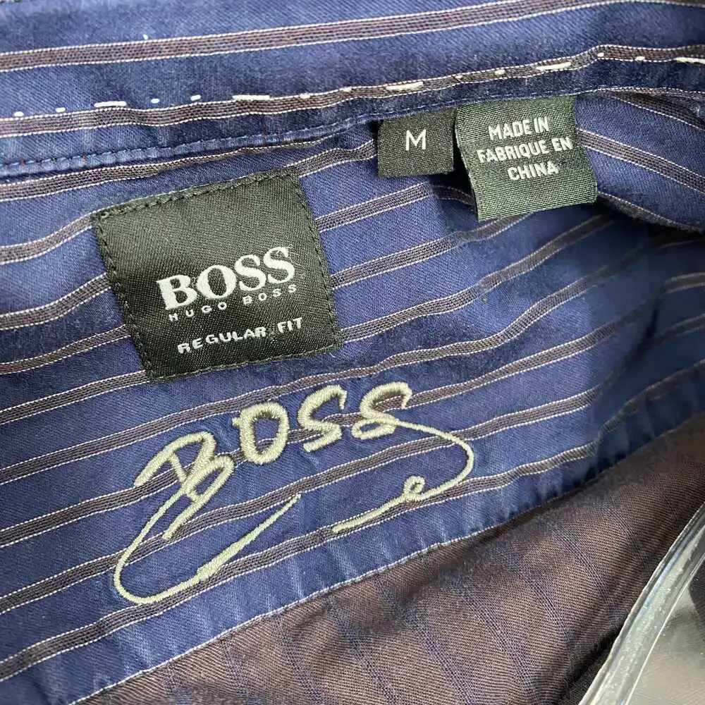 Boss Blue Striped Cotton Button-Down Shirt | Men’s M Regular